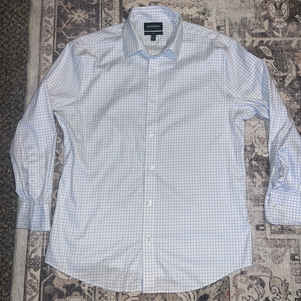Bonobos blue and white checked long-sleeve button-up shirt slim fit 16/32